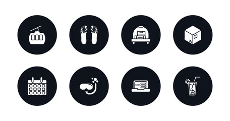 symbol for mobile filled icons set. filled icons such as cable car, flip flop, bellhop, packing, date, scuba diving, online booking, lemonade vector.