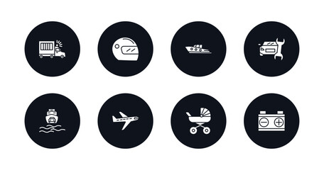 symbol for mobile filled icons set. filled icons such as prison bus, motorsport, yacht navigate, car repair, ferry carrying cars, planes, babysitter, workshop repair vector.