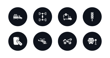 symbol for mobile filled icons set. filled icons such as loaded truck side view, chassis, shipping and delivery, car traffic, hands free device, small helicopter, bicycle rental, school bus stop