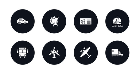 symbol for mobile filled icons set. filled icons such as recirculation, repair, plane tickets, sailing boat with veils, public transport, airplane pointing up, light aircraft, heavy vehicle vector.