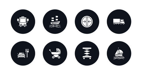 symbol for mobile filled icons set. filled icons such as bus front with driver, galleon, slim, road sweeper, car parking, pram, lifter, sailing boat vector.