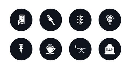 symbol for mobile filled icons set. filled icons such as hand phones, microphone voice tool, semaphore light, incandescent, attached, cup of tea, iron board, grave vector.