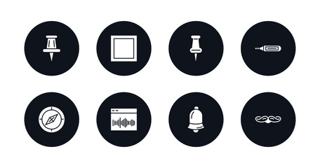symbol for mobile filled icons set. filled icons such as school push pin, basic square, tack save button, body thermometer, orientation compass, sound wave bars, hanging bell, moustaches vector.