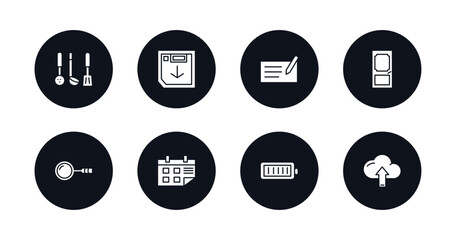 symbol for mobile filled icons set. filled icons such as kitchen tools, face down floppy disk, writing tool, doors, magnifier, calendar page, charged battery, up arrow and cloud vector.