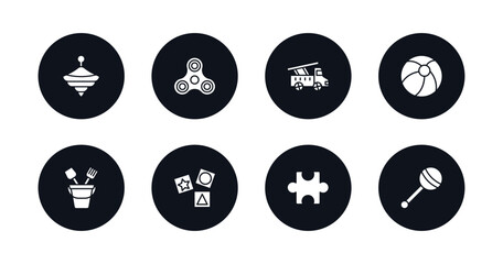 symbol for mobile filled icons set. filled icons such as spinning toy, spinner toy, fire truck toy, beach ball sand bucket cubes puzzle vector.
