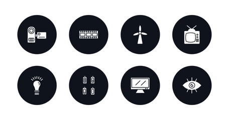symbol for mobile filled icons set. filled icons such as little camcorder, horizontal film strip, eolic, old television, ideas, battery status, big tv, black eye vector.
