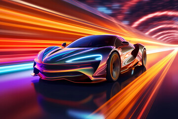Plakat a Futuristic Sports Car On Neon Highway Powerful. Generative AI