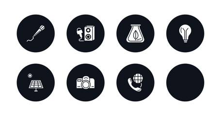 symbol for mobile filled icons set. filled icons such as mic with long cable, entertainer, photo camera flash, biomass, bulb, frontal solar panel, reflex photo camera, international call vector.