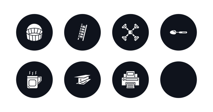 symbol for mobile filled icons set. filled icons such as empty shopping basket, hanging ladder, cross wrench, large spoon, cardinal, cup of hot coffee, metal, blank paper and printer vector.