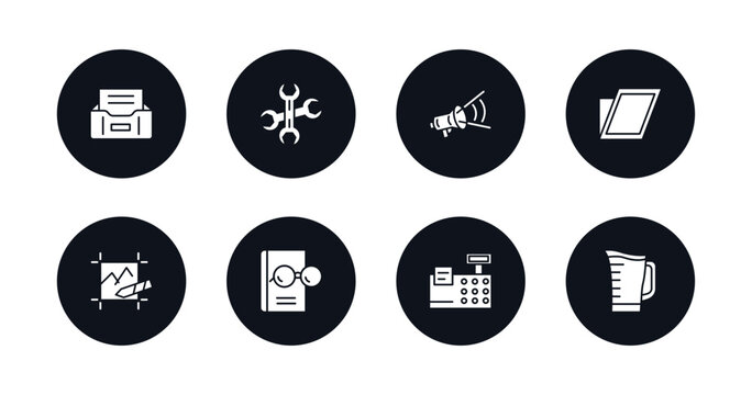 symbol for mobile filled icons set. filled icons such as tray for papers, reparation, megaphone side view, shear, edit picture, reading glasses, printing calculator, pitcher with levels vector.