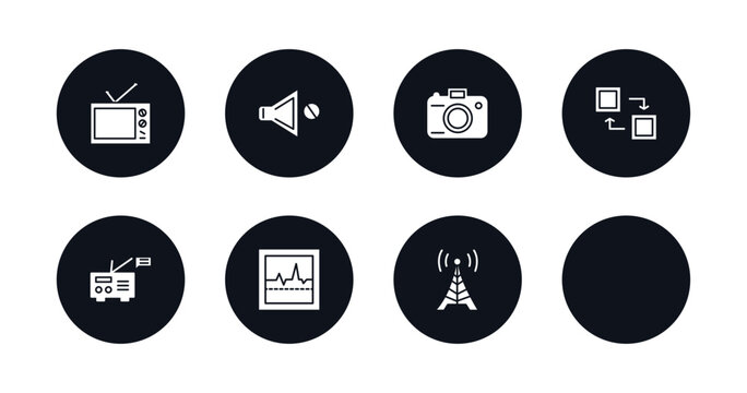 symbol for mobile filled icons set. filled icons such as old tv, no audio, digital photo camera, mode, radio and messages, cam with big len, electrocardiogram line, frequency antenna vector.