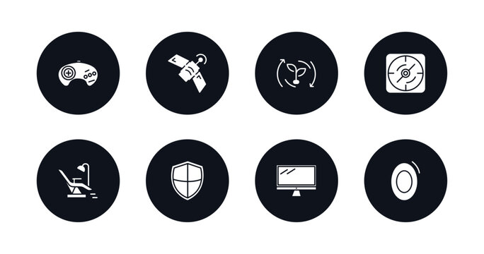 symbol for mobile filled icons set. filled icons such as sega gamepad, news via satellite, natural resources, navigation compass, operating table, shields, screen blank, zero vector.