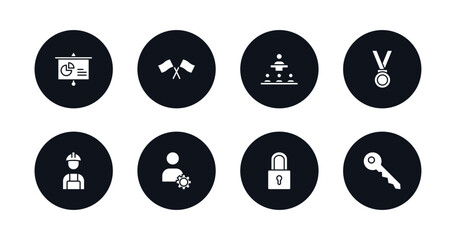 symbol for mobile filled icons set. filled icons such as presentation, racing, conference, medal, worker, admin, padlock, key vector.