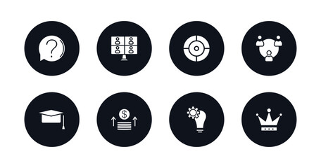 symbol for mobile filled icons set. filled icons such as question, video conference, goal, collaboration, graduation, investment, strategy, king vector.