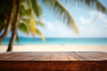 Fototapeta premium Tropical Paradise: Empty Wooden Table on Blurred Beach Background