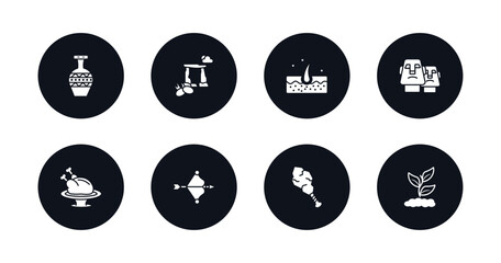 symbol for mobile filled icons set. filled icons such as pottery, dolmen, skin, moai, roast chicken, bow and arrow, cudgel, plant vector.