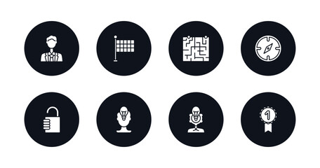 symbol for mobile filled icons set. filled icons such as ceo, finish flag, strategy in a labyrinth, exploration, open padlock, attitude, user experience, first vector.