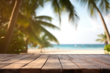Tropical Paradise: Empty Wooden Table on Blurred Beach Background