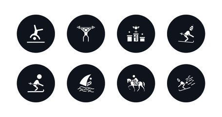 symbol for mobile filled icons set. filled icons such as cartwheel, man lifting weight, podium with cup, skiing down hill, skier skiing, windsurf sea, horseback, skiing vector.