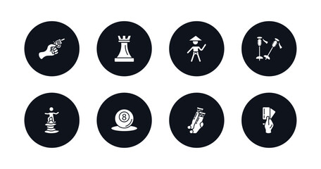 symbol for mobile filled icons set. filled icons such as starting gun, tower from a chess, sesei, ski poles, man balancing, pool ball, long socks, amonestation vector.