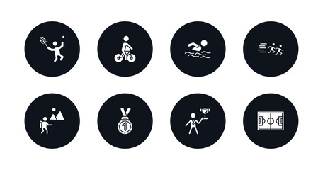 symbol for mobile filled icons set. filled icons such as man playing tennis, man riding bike, swimming man, running a race, adventure, medal with number 1, award, football pitch vector.