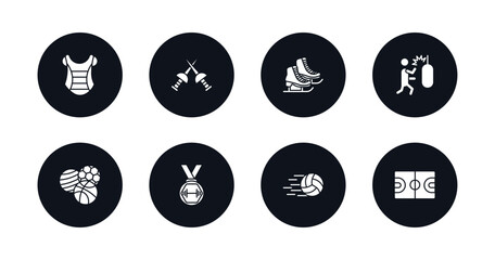 symbol for mobile filled icons set. filled icons such as chest guard, medieval fencing, ice skates, man punching, balls, weight lifting medal, volleyball ball, basketball court vector.