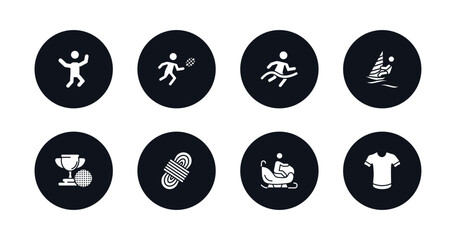 symbol for mobile filled icons set. filled icons such as jumping dancer, man playing badminton, marathon champion, man windsurfing, golf champion, climbing with rope, person riding on sleigh, short