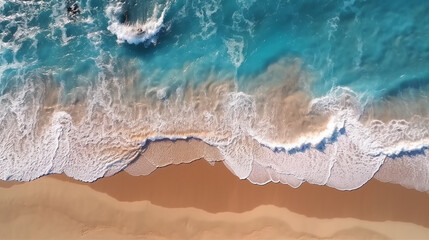 Ocean waves on the beach as a background. Beautiful natural summer vacation holidays background. Top view from drone. Aerial top down view of beach and sea with blue water waves. Generative AI