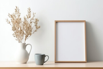 Minimalist Workspace: Coffee, Books, and Vertical Picture Frame Mockup