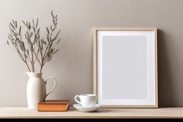 Minimalist Workspace: Coffee, Books, and Vertical Picture Frame Mockup