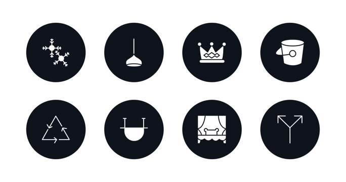 symbol for mobile filled icons set. filled icons such as two snow flakes, dome light, royalty, empty bucket, non recyclable, strike through, spa room, y shaped intersection vector.