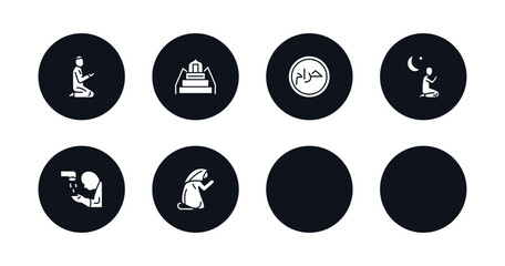 symbol for mobile filled icons set. filled icons such as muslim man praying, minbar, vigil, assr, haram, maghrib prayer, islamic ghusl, muslim woman praying vector.