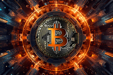 a golden Bitcoin crypto blockchain technologie. Generative AI - 611897420