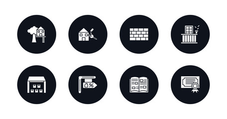 symbol for mobile filled icons set. filled icons such as tree house, rent, wall, balcony, storehouse, for sale, catalog, certification vector.