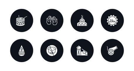 symbol for mobile filled icons set. filled icons such as eyd drum, muslim praying hands, small mosque, islamic halal, ner tamid, forbidden foods, islamic minbar, eyd gun vector.