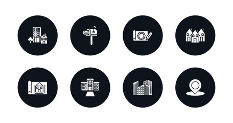 symbol for mobile filled icons set. filled icons such as property, mailbox, technical drawing, houses, blueprint, mansion, facade, map location vector.