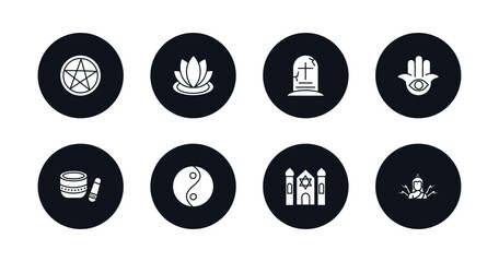 symbol for mobile filled icons set. filled icons such as satanism, zen, tombstone, semitic neopaganism, standing bell, yin yang, synagogue, shiva vector.