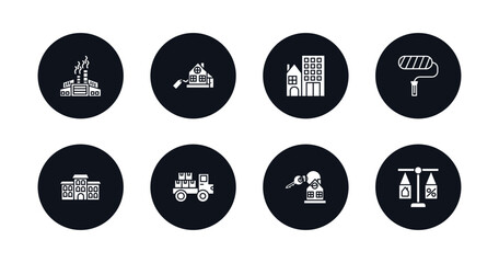 symbol for mobile filled icons set. filled icons such as industrial park, real estate, real state, paint roll, duplex, moving truck, house key, juridical vector.