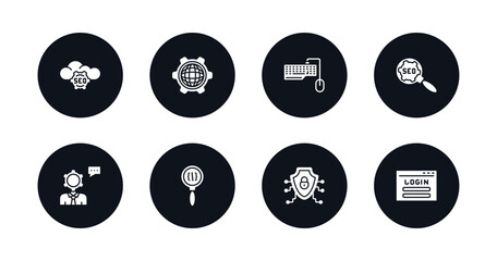 symbol for mobile filled icons set. filled icons such as seo cloud, cyberspace, keyboard and mouse, seo, seo consulting, code review, secured network, login vector.