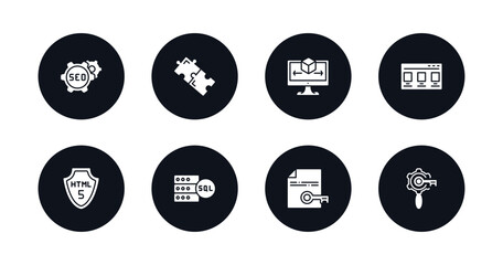 symbol for mobile filled icons set. filled icons such as image seo, addon, simulation, theme, html5, mysql, encripted file, seo keywords vector.