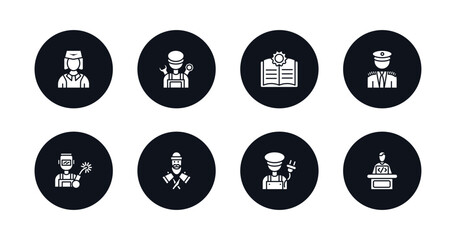 symbol for mobile filled icons set. filled icons such as stewardess, mechanic, guide, captain, welder, lumberjack, electrician, software developer vector.