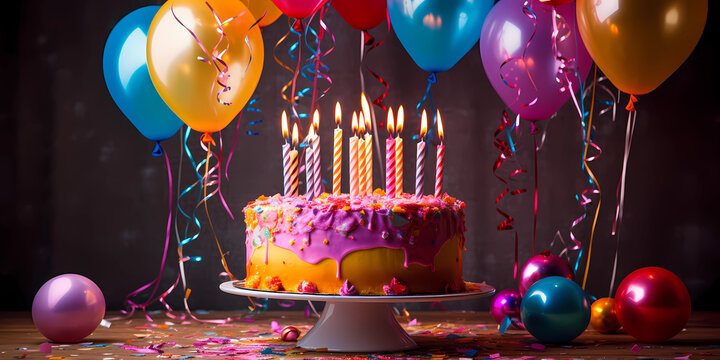 a Birthday cake with candles and balloons .Generative AI