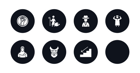 symbol for mobile filled icons set. filled icons such as no racism, shepherd, spanish man, takbir, arab woman, devil mask, hips, downstairs vector.