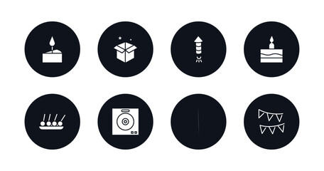 symbol for mobile filled icons set. filled icons such as birthday wish, magician case, firework rocket, birthday cake, skewer, dj playing records, woman mask, party flags vector.