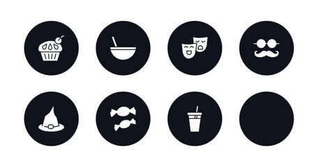 symbol for mobile filled icons set. filled icons such as cupcake with big cherry, boy partying, bowl with straw, theatre masks, mustache with glasses, wizard hat, two candies, juice bottle straw