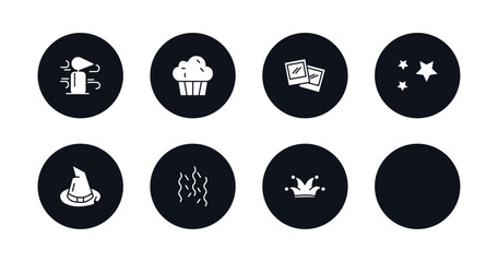 symbol for mobile filled icons set. filled icons such as blowing candle, sweet cake, suit and tie, birthday pictures, sprinkle stars, wizard hat on head, celebration, clown head vector.
