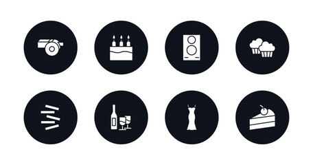 Fototapeta premium symbol for mobile filled icons set. filled icons such as wistle, cake with three candles, big speaker, two muffins, jenga, bottle and two glasses, party dress, slice of cake vector.