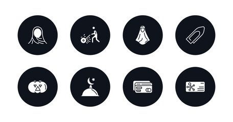 symbol for mobile filled icons set. filled icons such as muslim woman with hijab, garden work, araba woman, metal paper clip, pirate pumpkin, mosque moon and star, abstract business card, chemistry