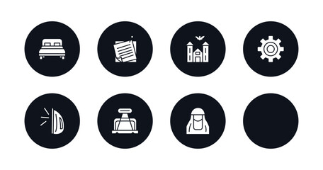 symbol for mobile filled icons set. filled icons such as hotel bed, belly dance, two post it, church with bats, mechanical gears, flatiron, office clip, arab woman with hijab vector.
