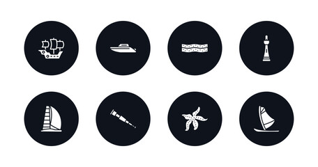 symbol for mobile filled icons set. filled icons such as caravel, motorboat, salt water, smeaton's tower, scow, spyglass, starfish with dots, windsurf board vector.